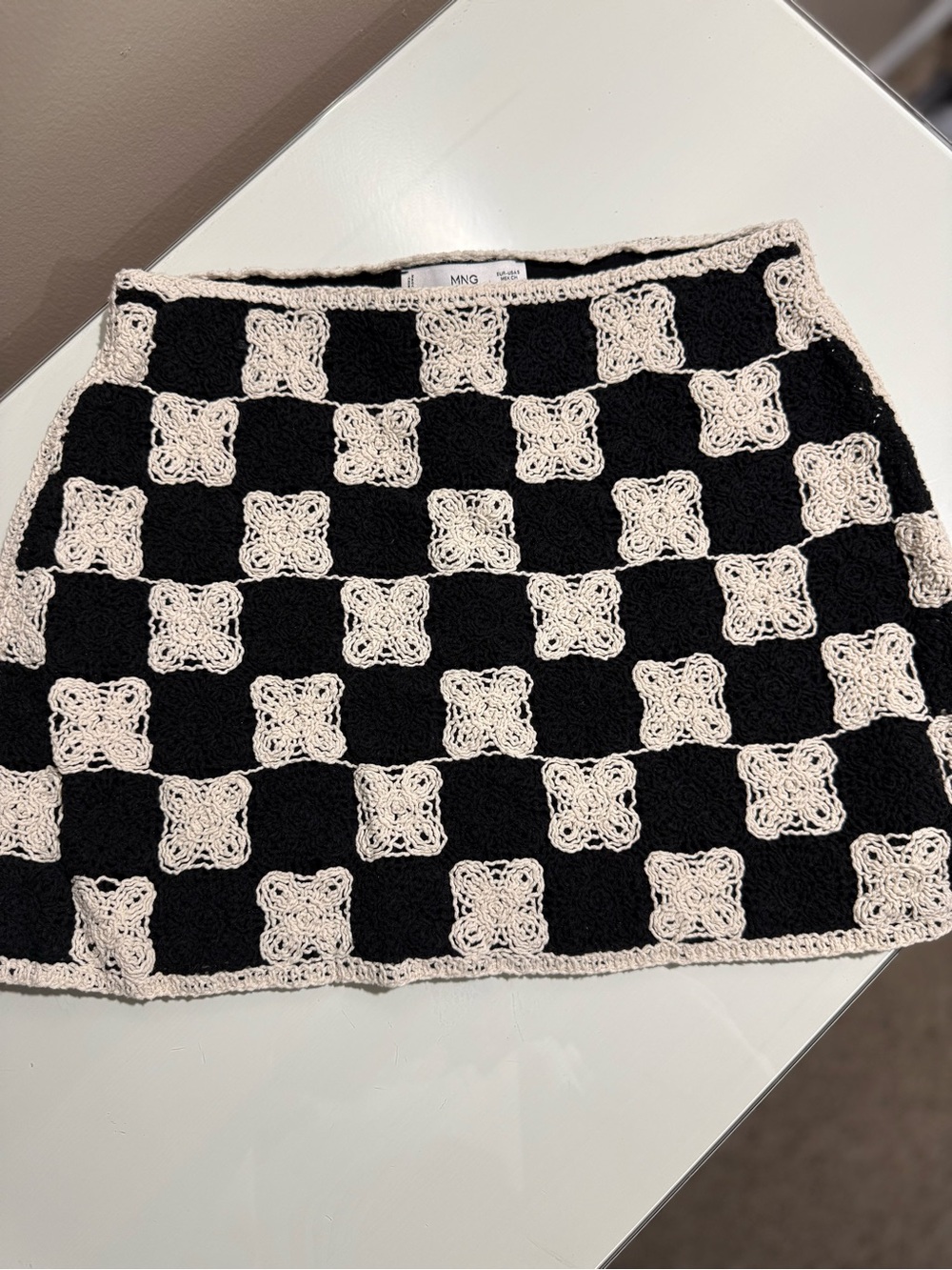 Mango Black and Cream Crochet Checkerboard Mini Skirt